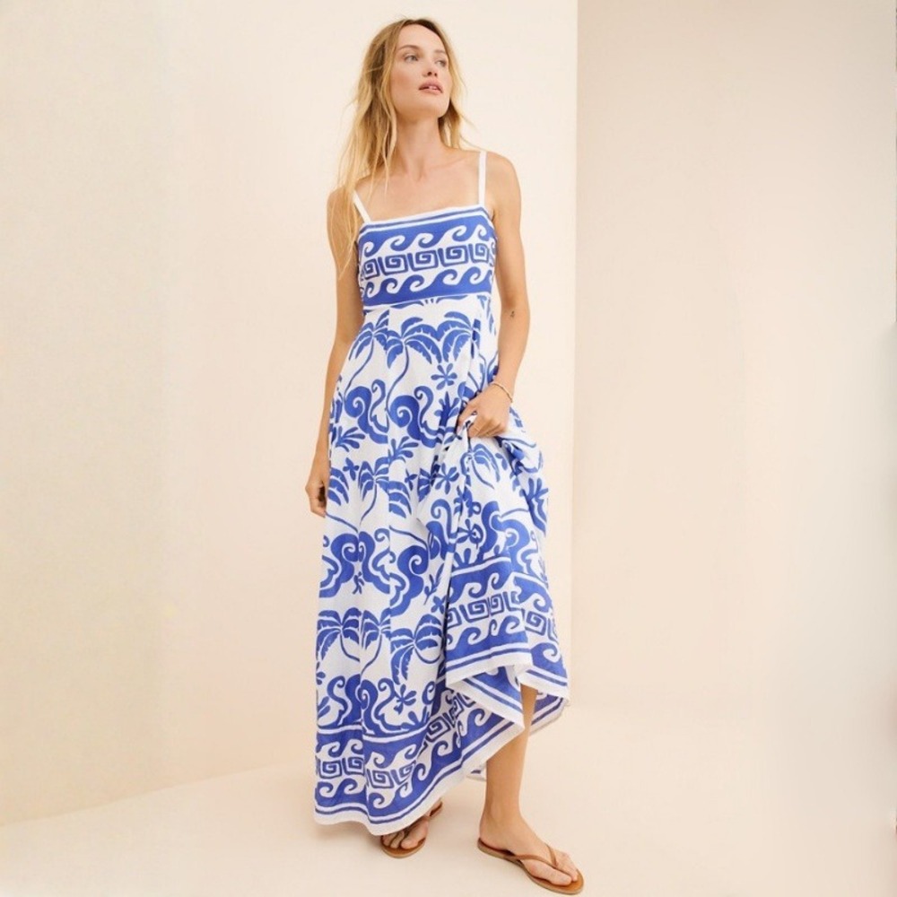 Beach Riot White and Blue Greek-Print Spaghetti-Strap Maxi Dress